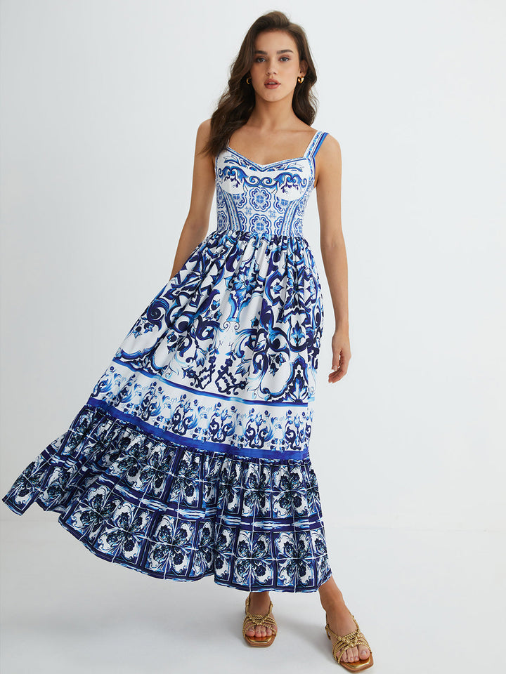 Kaia Grace Pleated Printed Strap Maxi Dress