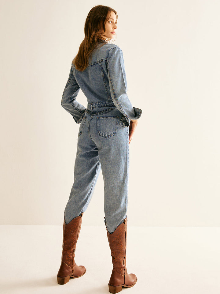 Harper Long Sleeve Cotton Denim Jumpsuit