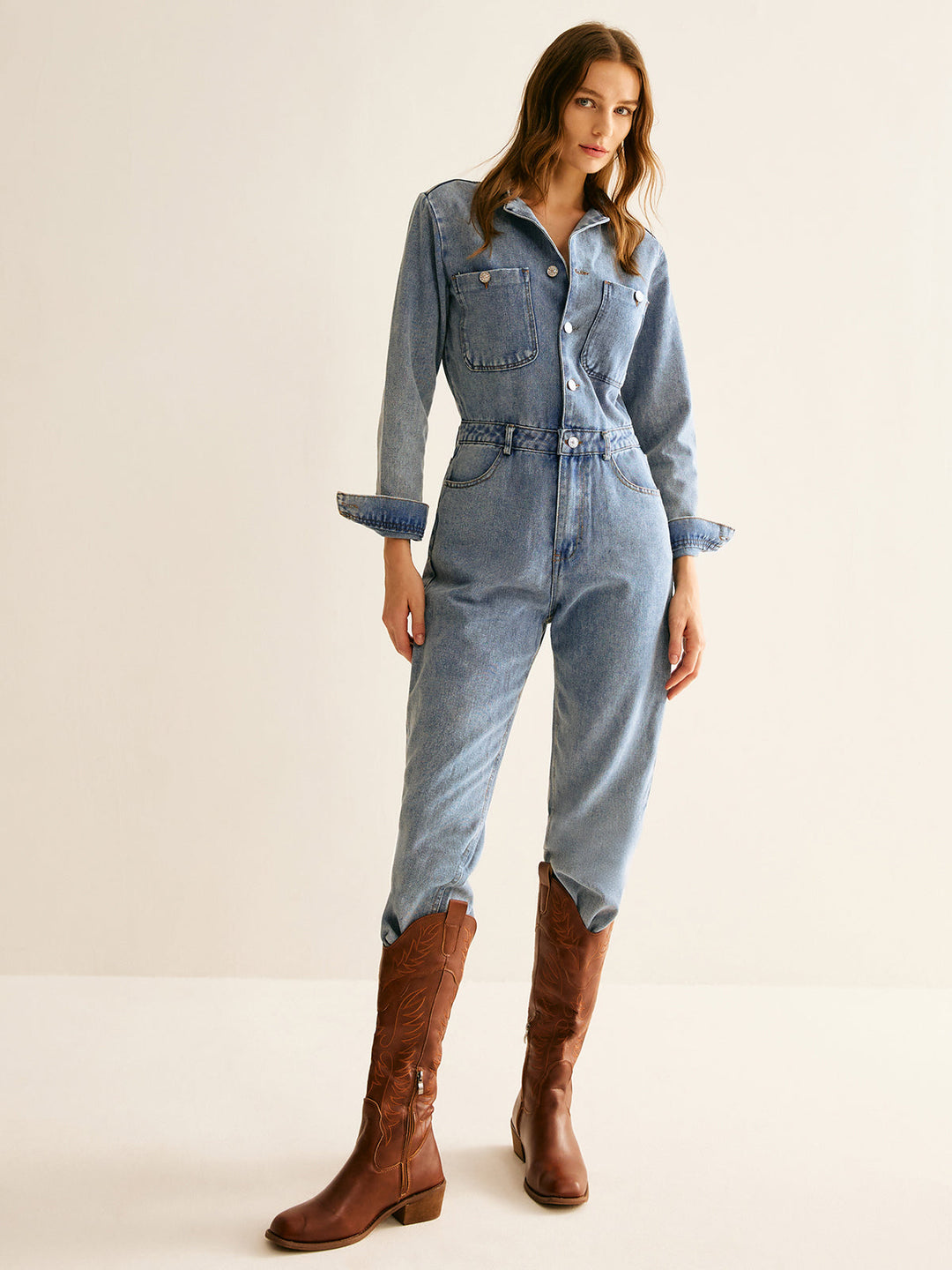 Harper Long Sleeve Cotton Denim Jumpsuit