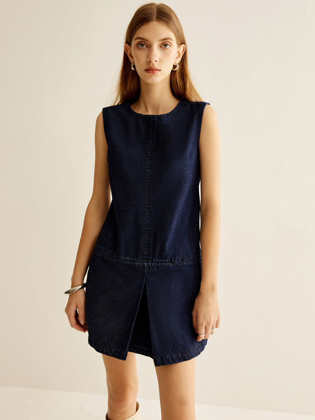 Ella Crew Neck Sleeveless Denim Dress