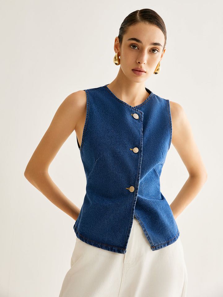 Elara Asymmetrical Button Denim Vest