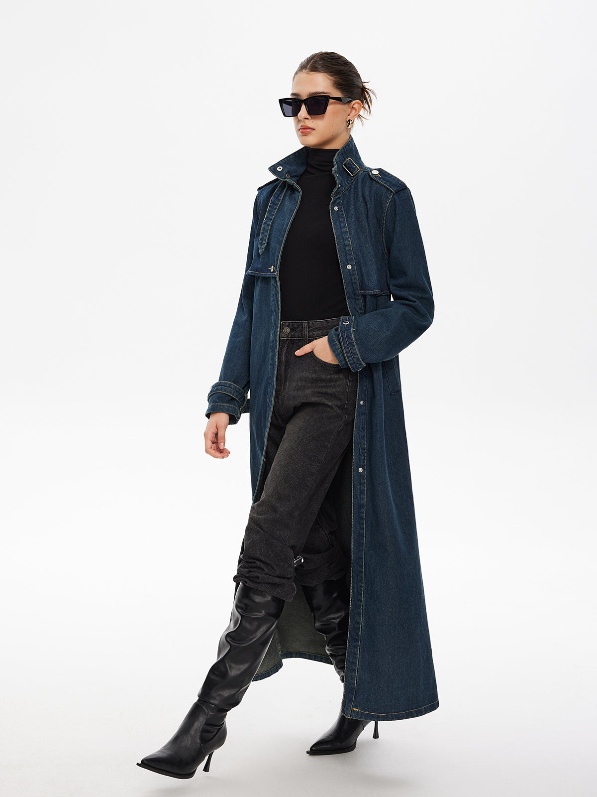 Amara Belted Long Denim Coat