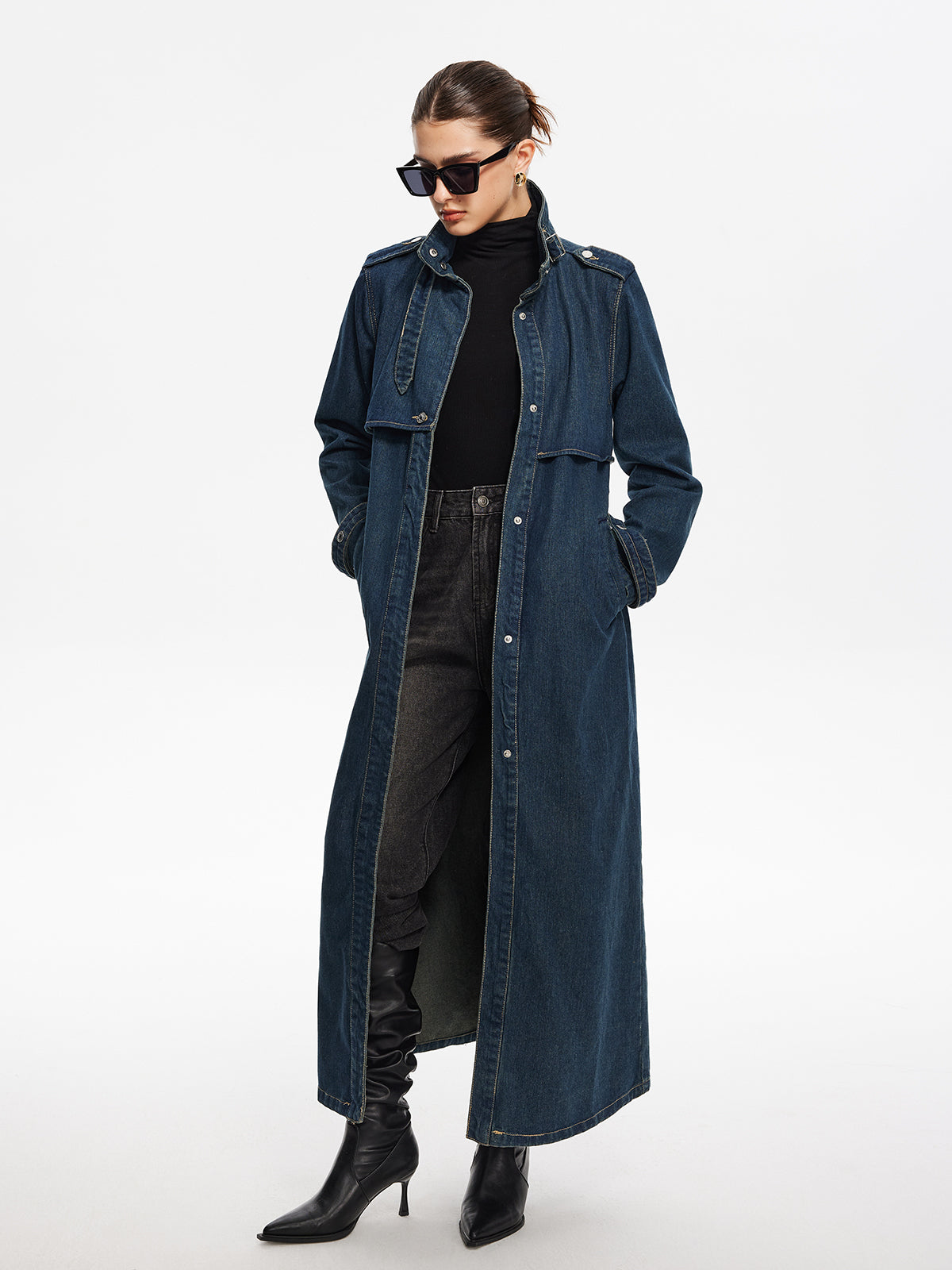 Amara Belted Long Denim Coat