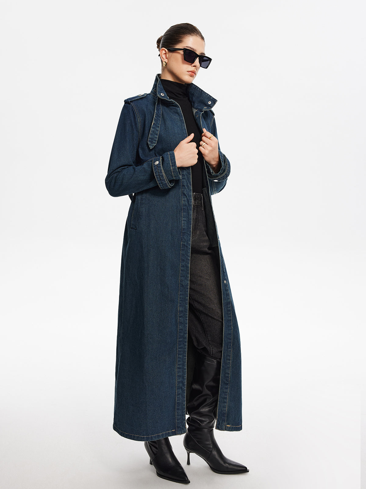 Amara Belted Long Denim Coat