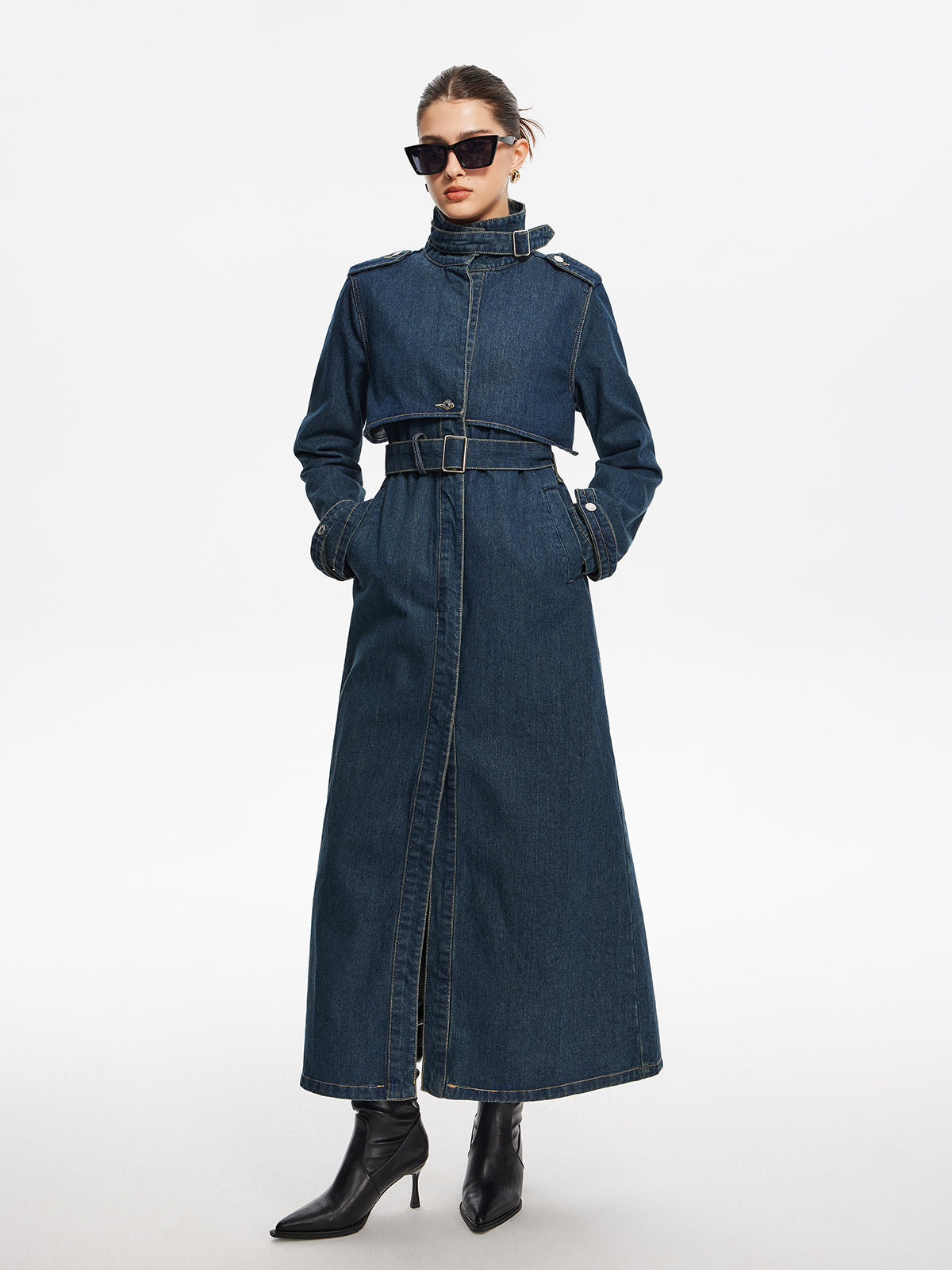 Amara Belted Long Denim Coat