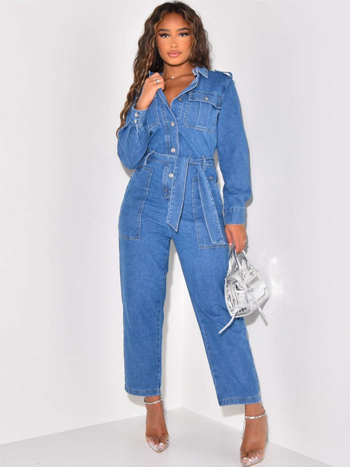 Elara Belted Denim Jumpsuit