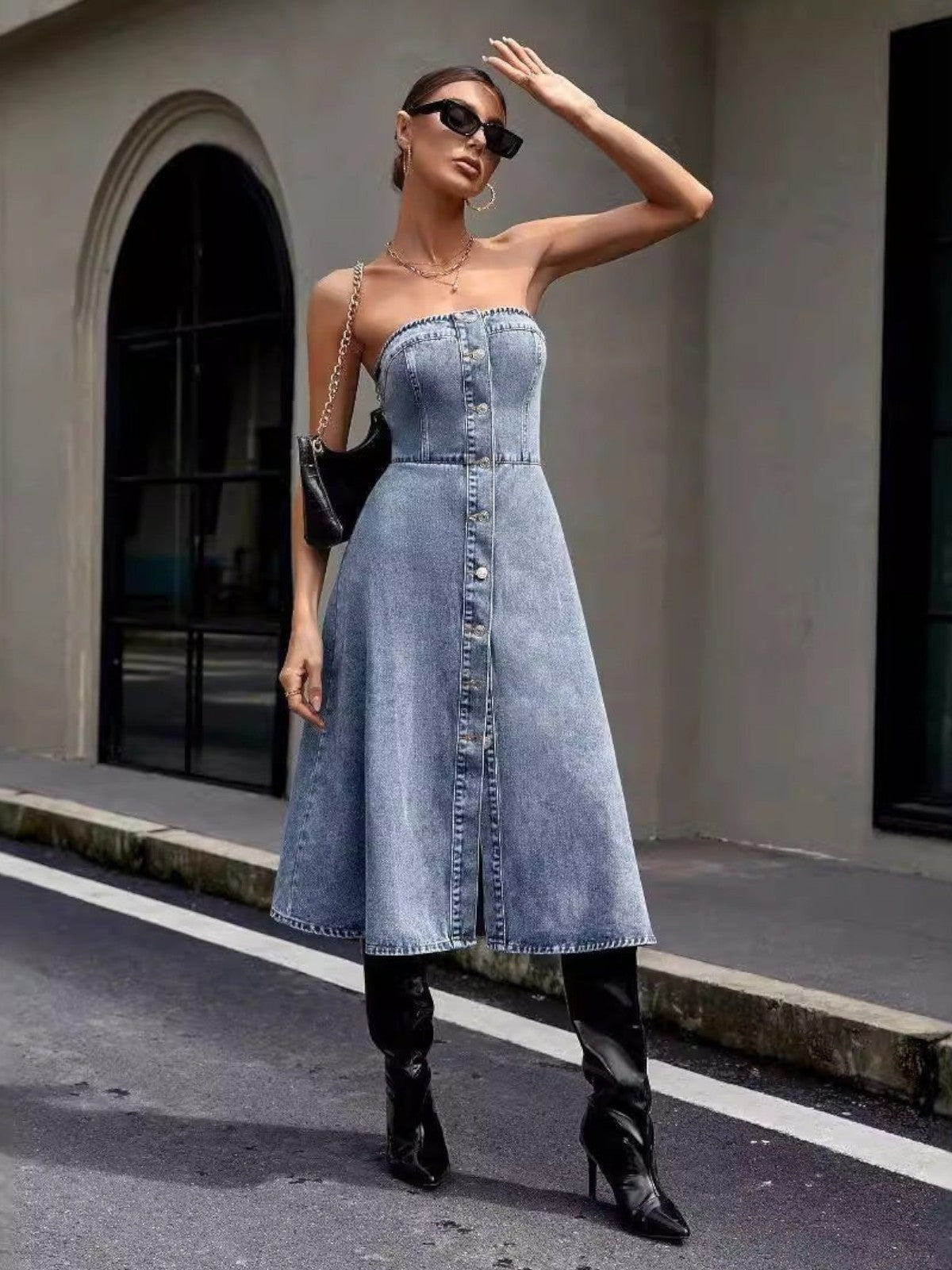 Sabine Strapless Button-Front Denim Dress