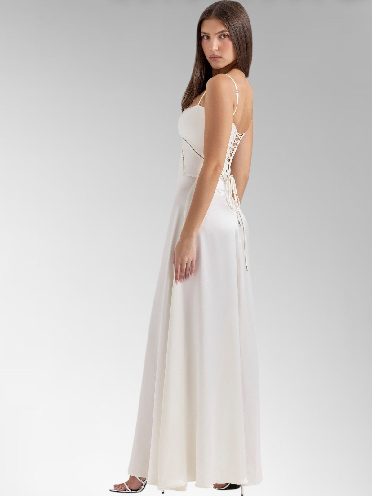 Anabel White Satin Lace-Up Evening Gown