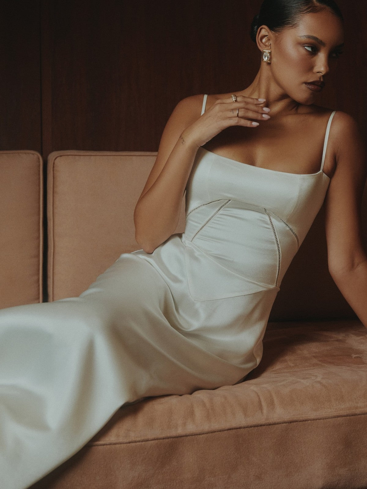 Anabel White Satin Lace-Up Evening Gown