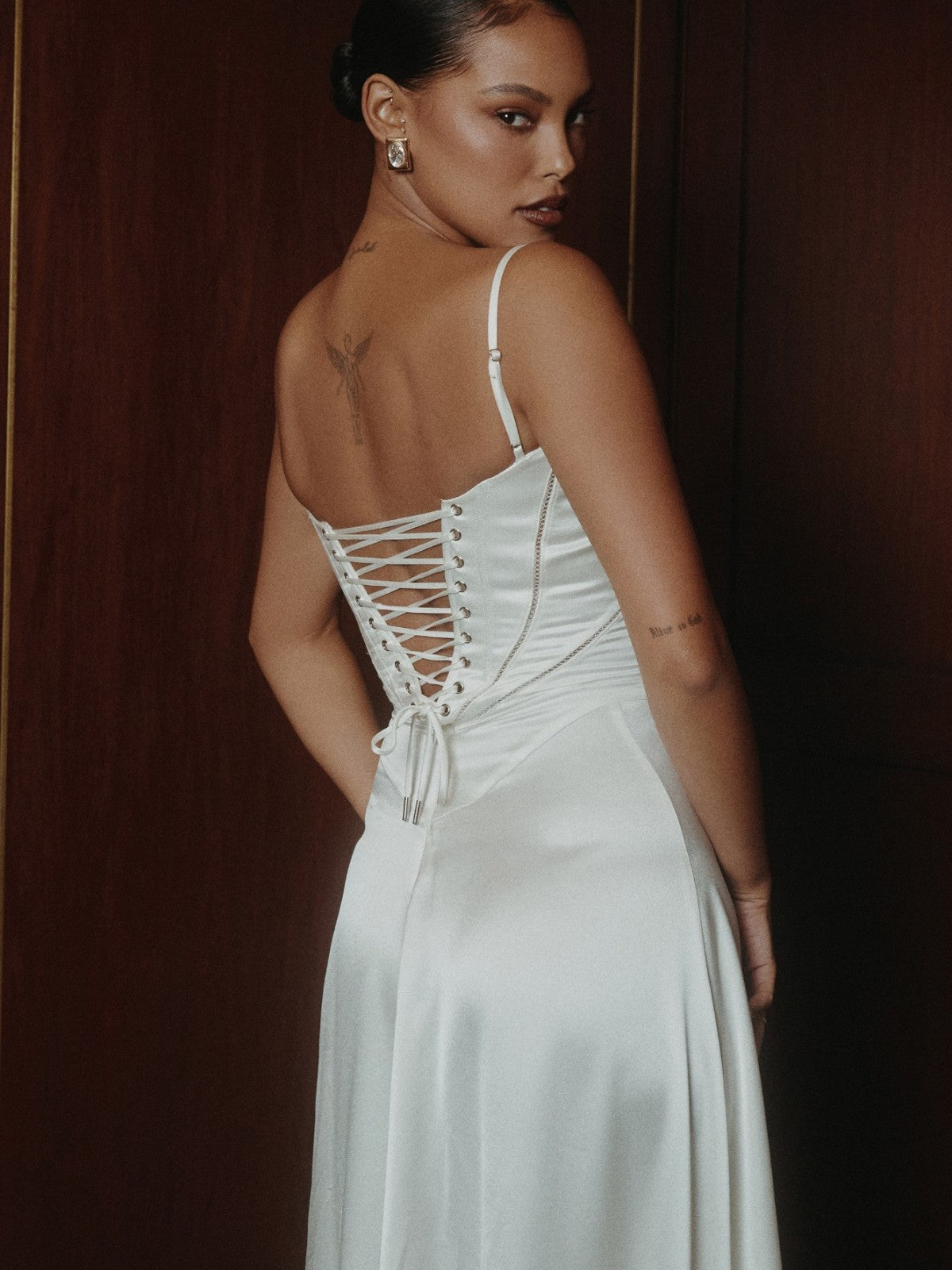 Anabel White Satin Lace-Up Evening Gown