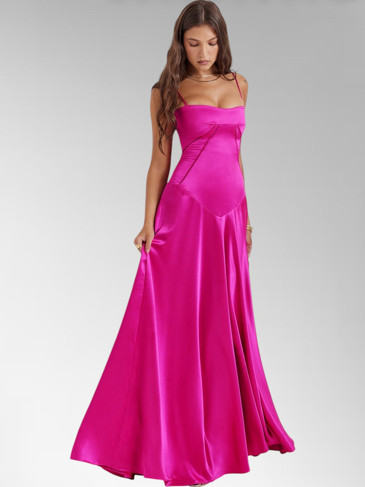 Anabel Pink Satin Lace-Up Evening Gown