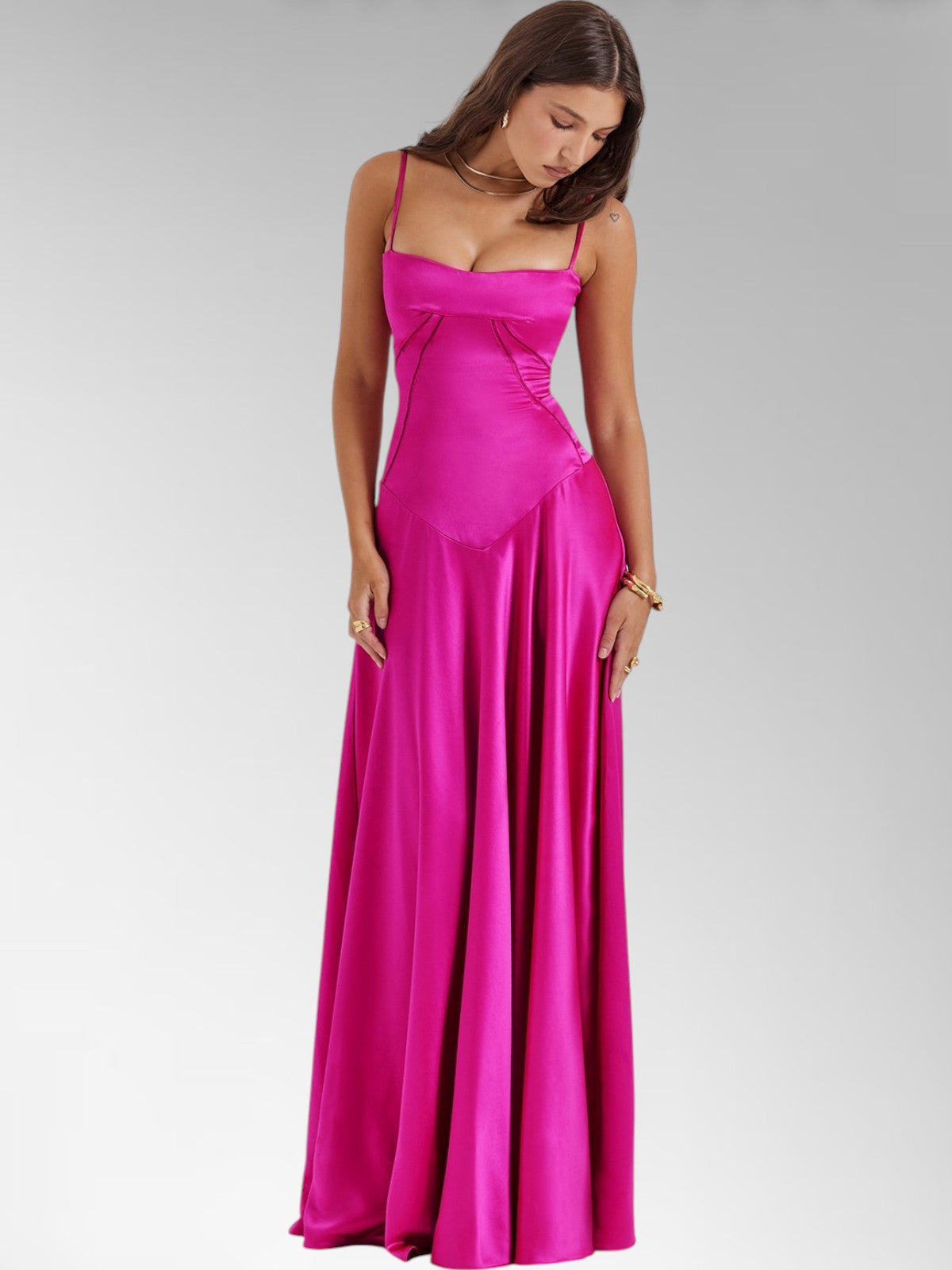 Anabel Pink Satin Lace-Up Evening Gown