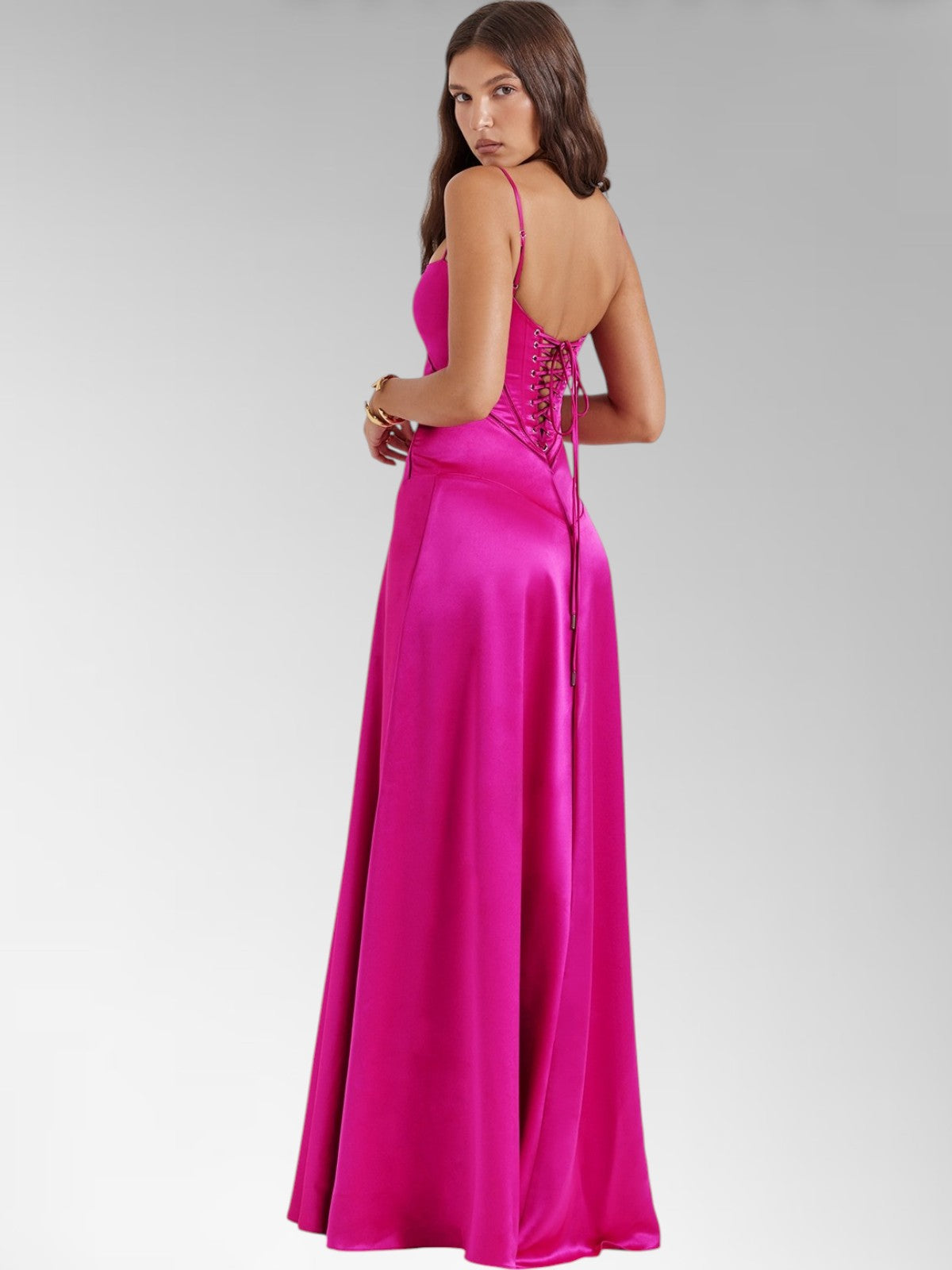 Anabel Pink Satin Lace-Up Evening Gown