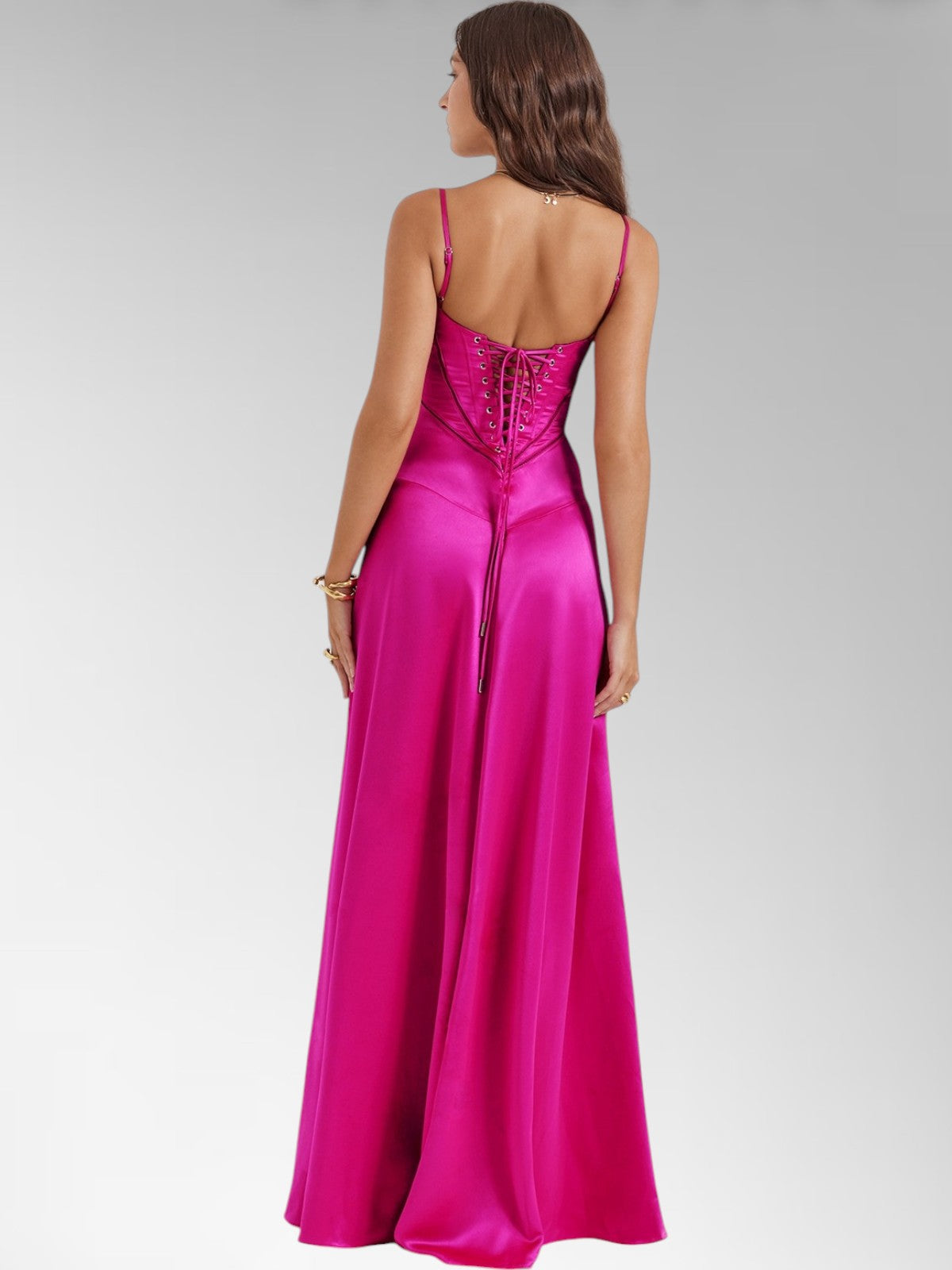 Anabel Pink Satin Lace-Up Evening Gown