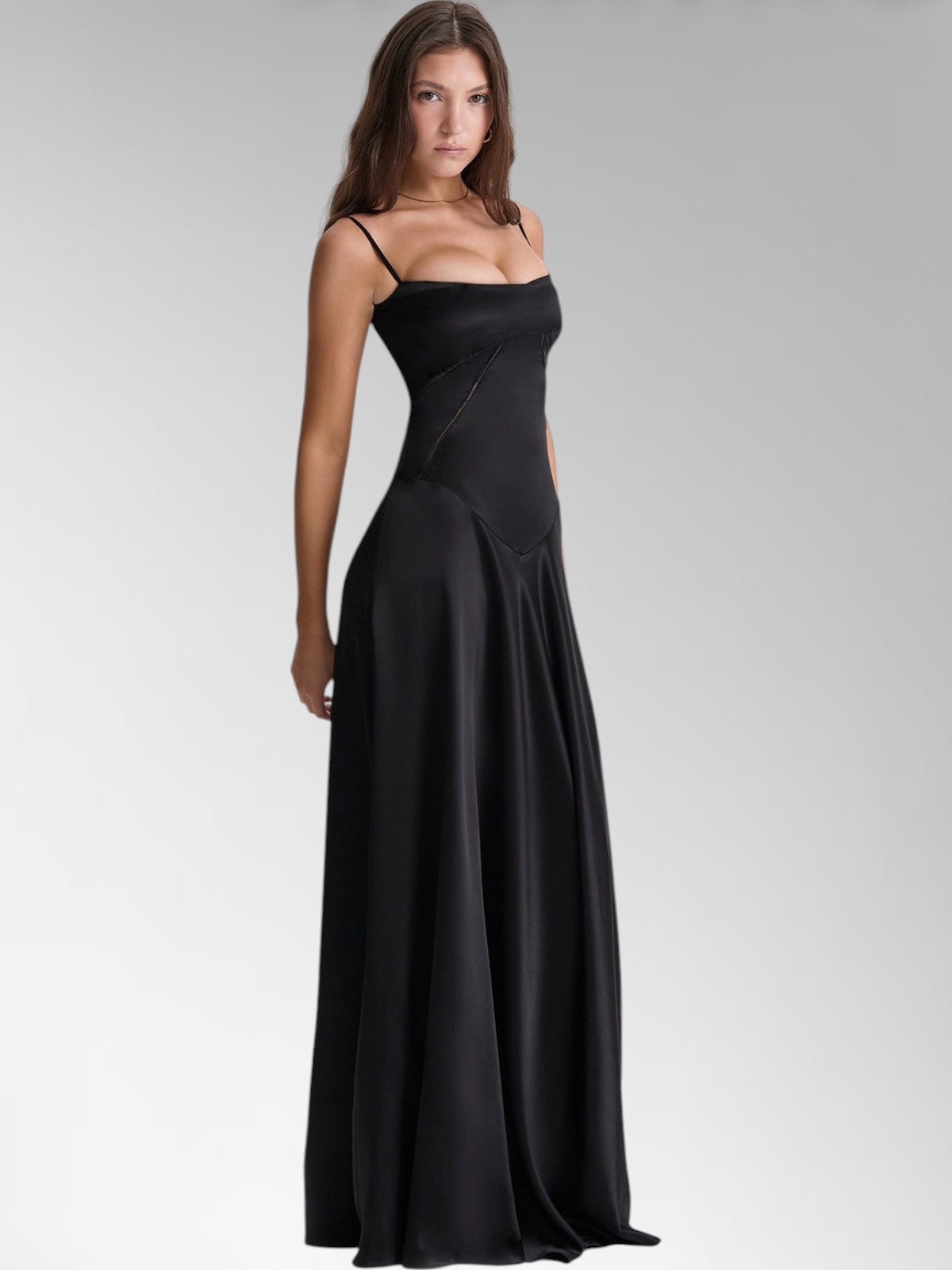 Anabel Black Satin Lace-Up Evening Gown
