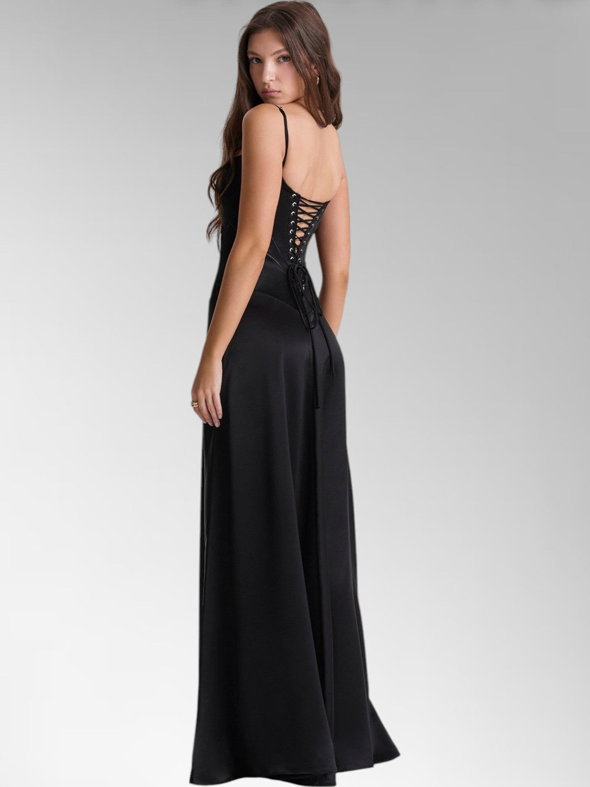 Anabel Black Satin Lace-Up Evening Gown