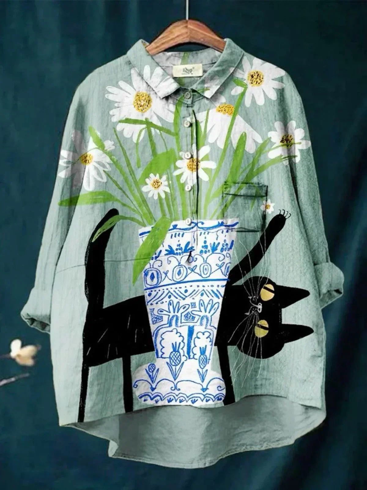 Luna Cat Print Button Shirt