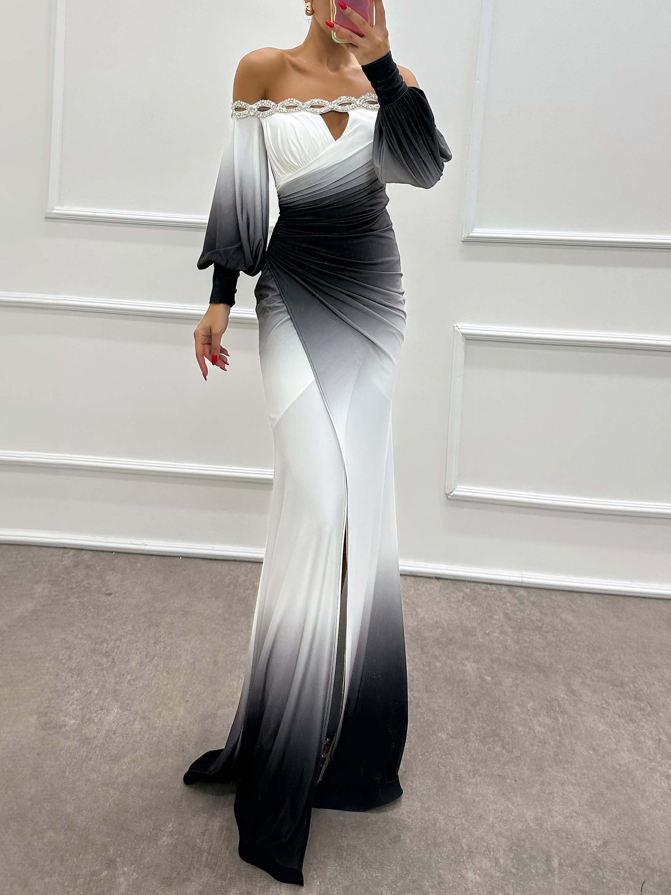 Noelle Gradient Off-Shoulder Evening Dress