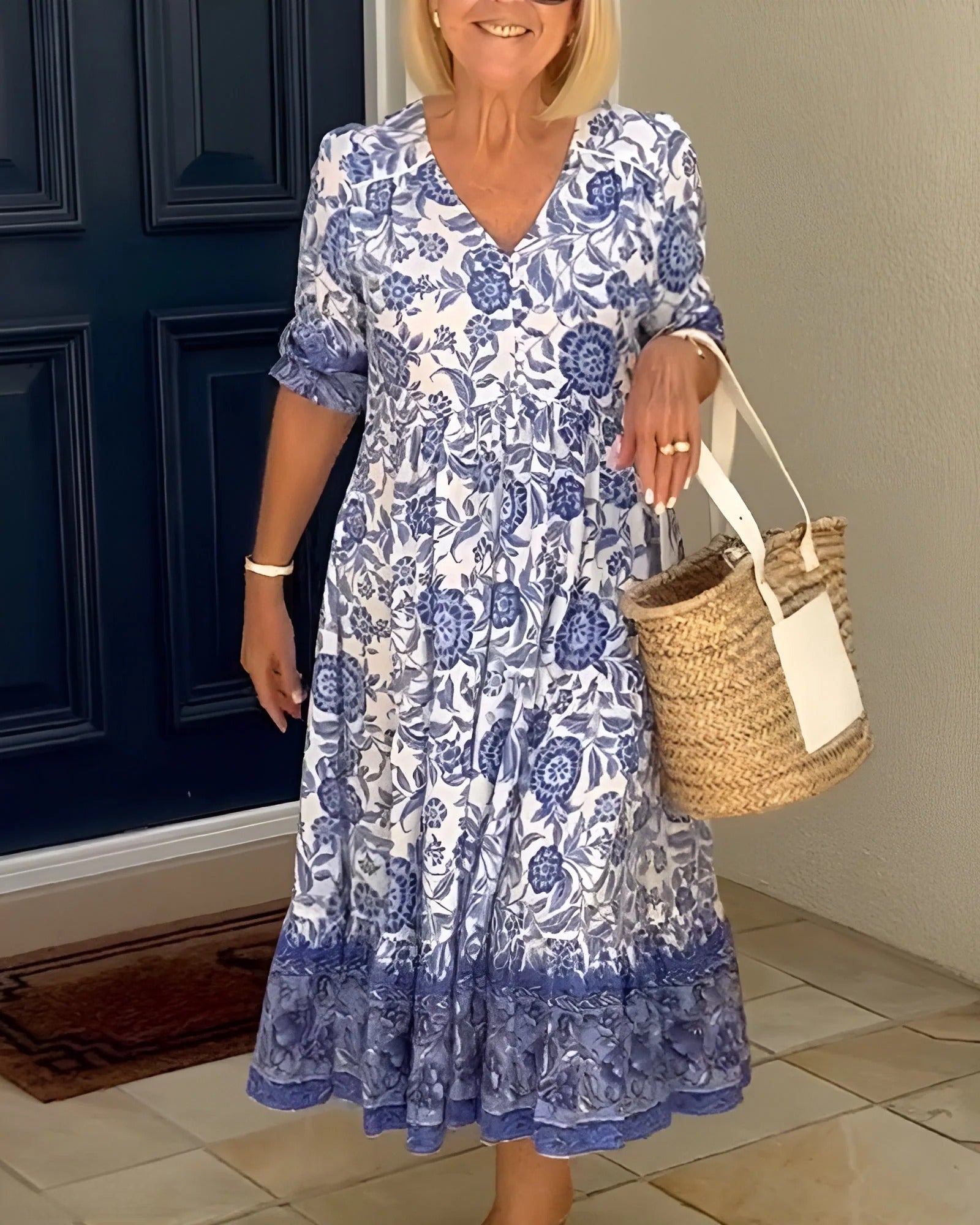 Elara Floral V-Neck Midi Dress